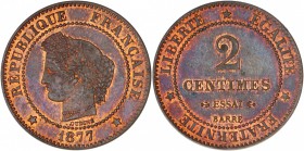 FRANCE
III° République (1870-1940). 2 centimes 1877, essai en bronze.
Av. Tête de Cérès à gauche Rv. Valeur au centre.
G. 105.
Très rare, Fleur de...