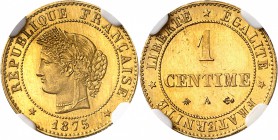 FRANCE
III° République (1870-1940). 1 centime 1875 A, Paris, épreuve en or. 
Av. Tête de Cérès à gauche Rv. Valeur au centre.
Maz. 2219. 
Provenan...