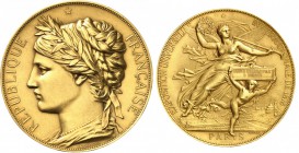 FRANCE
III° République (1870-1940). Médaille en or frappée pour l’exposition universelle de 1878, par Chaplain.
Av. Buste lauré à gauche. Rv. La Vic...