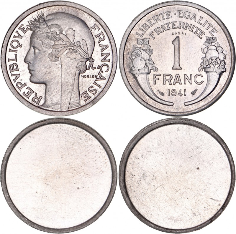 FRANCE
État Français (1940-1944). Franc 1941, paire d’essais unifaces en alumin...