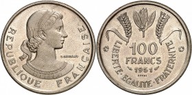 FRANCE
IV° République (1947-1958). 100 francs 1951, essai, concours de Guiraud.
Av. Tête coiffée à droite. Rv. Valeur sous un épi de blé.
GEM.228.1...