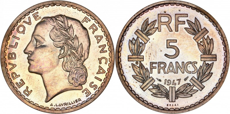 FRANCE
IV° République (1947-1958). 5 francs 1947, essai en cupro-nickel.
Av. T...