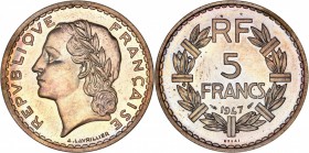 FRANCE
IV° République (1947-1958). 5 francs 1947, essai en cupro-nickel.
Av. Tête laurée à gauche. Rv. Valeur dans une couronne. 
GEM. 146.1.
GENI...