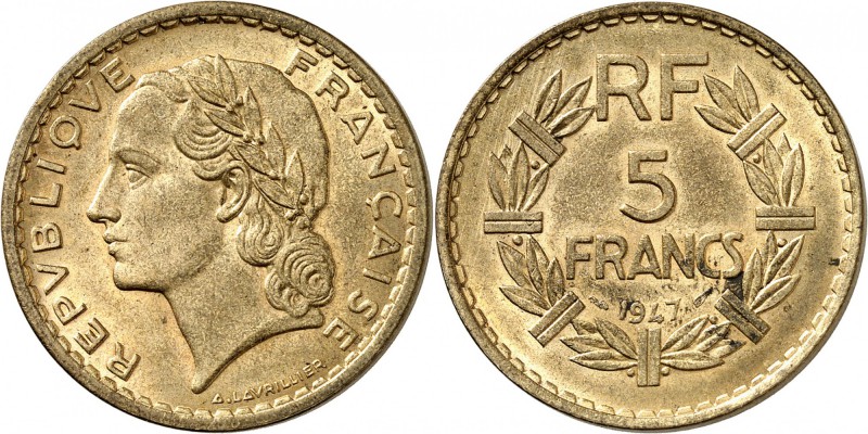 FRANCE
IV° République (1947-1958). 5 francs 1947.
Av. Tête laurée à gauche. Rv...