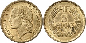 FRANCE
IV° République (1947-1958). 5 francs 1947.
Av. Tête laurée à gauche. Rv. Valeur dans une couronne. 
G. 761a. 12,16 grs.
Superbe