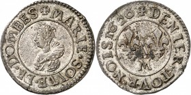 FRANCE FÉODALES
Dombes, Marie de Bourbon de Montpensier (1560-1582). Denier tournois 1626, essai en argent.
Av. Buste coiffé à gauche. Rv. Deux lis,...