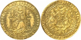 GRANDE-BRETAGNE
Henry VII (1485-1509). Souverain, 5ème type.
Av. Le roi assis sur un trône tenant un sceptre. Rv. Écu dans un polylobe.
S. 2176. 15...