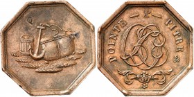 GUADELOUPE
Charles X (1824-1830). Cercle du commerce à Point-à-Pitre. Jeton de 1/2 gourde en bronze (1825) frappé à Paris.
Av. Ancre, un tonneau et ...