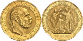 HONGRIE
François Joseph (1848-1916). 100 korona 1907, Kremnitz.
Av. Tête laurée à droite. Rv. Scène de couronnement.
Fr. 256. 33,83 grs.
NGC AU 58...