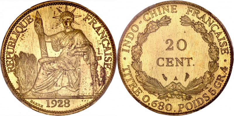 INDOCHINE
20 cent 1928, Paris, épreuve en laiton. 
Av. La Liberté assise et te...
