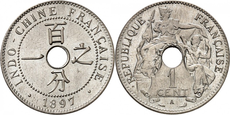 INDOCHINE
1 cent 1897 A, Paris essai en maillechort. 
Av. Légende circulaire. ...