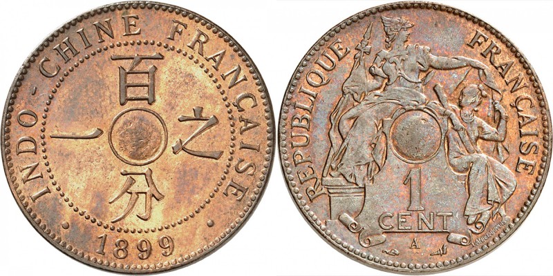 INDOCHINE
1 cent 1899 A, Paris, non trouée.
Av. Légende circulaire. Rv. La Rép...