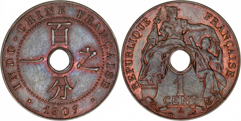 INDOCHINE
1 cent 1907, épreuve en bronze.
Av. Légende circulaire. Rv. La Répub...