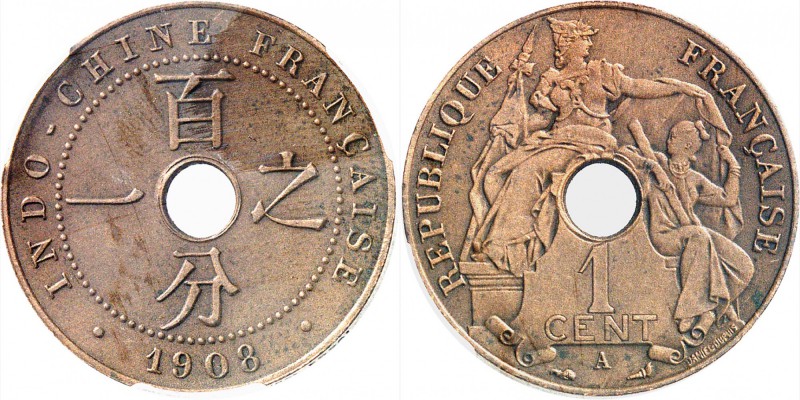 INDOCHINE
1 cent 1908, Piéfort en bronze, flan mat. 
Av. Légende circulaire. R...