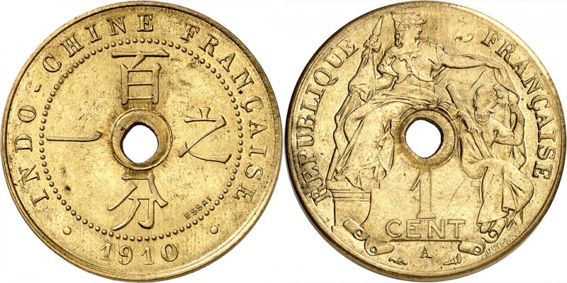 INDOCHINE
1 cent 1910 A, Paris, essai en cuivre jaune. 
Av. Légende circulaire...