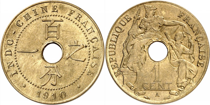 INDOCHINE
1 cent 1910 A, Paris, sans le mot essai, cuivre jaune. 
Av. Légende ...