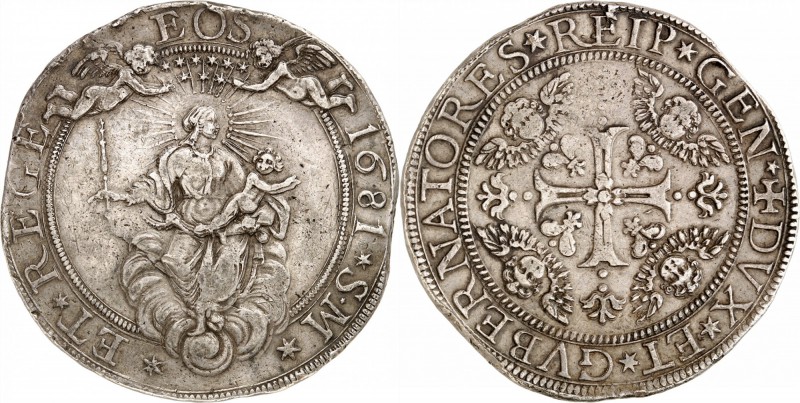 ITALIE
Gênes, Dogi Biennali (1528-1797). Double scudo 1681.
Av. Madone à l’enf...