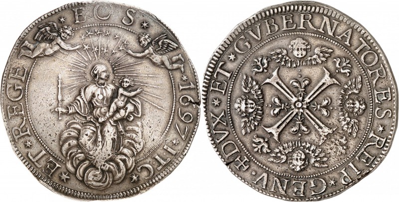 ITALIE
Gênes, Dogi Biennali (1528-1797). Double scudo 1697.
Av. Madone à l’enf...