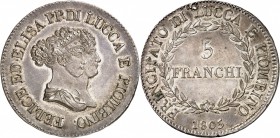 ITALIE
Lucca. Elisa Bonaparte et Felix Baciocchi (1805-1814). 5 franchi 1805, Florence.
Av. Bustes accolés à droite. Rv. Valeur dans une couronne.
...