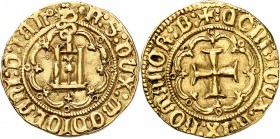 ITALIE
Milan et Gênes, Francesco Sforza, duc de Milan et seigneur de Gênes (1464-1466). Genovino.
Av. Portail gênois. Rv. Croix dans un polylobe. 
...