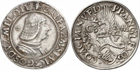 ITALIE
Milan, Galeazzo Maria Sforza (1466-1476). Teston.
Av. Buste habillé à droite. Rv. Bouclier surmonté d’un dragon.
CNI 48/71. 9,63 grs.
Presq...