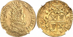 ITALIE
Milan, Philippe IV (1621-1665). Quadruple ou 2 doppie 1630.
Av. Buste habillé et couronné à droite. Rv. Écu couronné.
Fr. 724.
NGC MS 64. M...
