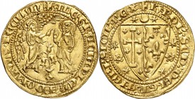 ITALIE
Naples, Charles II d’Anjou (1285-1309). Salut d’or.
Av. L’archange Gabriel et la Vierge Marie. Rv. Écu parti de Jérusalem et d’Anjou.
MIR. 2...