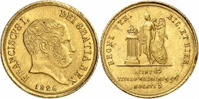 ITALIE
Naples, François de Bourbon (1825-1830). 3 ducati 1826.
Av. Tête nue à droite. Rv. Génie debout de face tenant un bouclier et la main sur une...