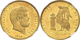 ITALIE
Naples, Ferdinand II (1830-1859). 30 ducats 1851/0, Naples.
Av. Tête nue à droite. Rv. Génie debout de face tenant un bouclier et la main sur...