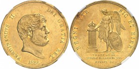 ITALIE
Naples, Ferdinand II (1830-1859). 30 ducats 1856, Naples.
Av. Tête nue à droite. Rv. Génie debout de face tenant un bouclier et la main sur u...