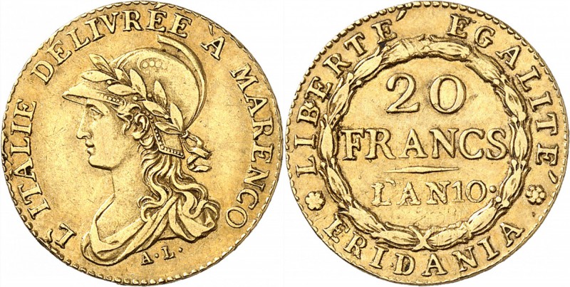 ITALIE
Gaule Subalpine (1800-1802). 20 francs Marengo An 10, Turin.
Av. Buste ...