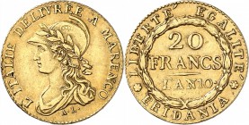 ITALIE
Gaule Subalpine (1800-1802). 20 francs Marengo An 10, Turin.
Av. Buste casqué et lauré de la République à gauche. Rv. Valeur dans une couronn...