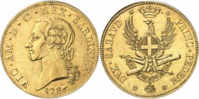 ITALIE
Sardaigne, Victor Amédée III (1773-1796). 5 doppie 1786, Turin.
Av. Buste nu à gauche. Rv. Aigle couronné.
Fr. 1118, Mon 283.
PCGS AU 55. R...