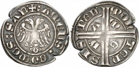 ITALIE
Savoie, Amédée V (1285-1323). Grosso.
Av. Aigle bicéphale. Rv. Croix.
Mir 45a. 2,23 grs.
Rare, petite fente venue à la frappe, TTB