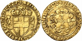 ITALIE
Savoie, Louis II (1434-1465). Écu d’or, Cornavin.
Av. Blason entre deux noeuds de paix. Rv. Croix dans un quadrilobe.
CNI 23, Fr. 1020. 3,25...