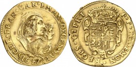 ITALIE
Savoie, Charles Emmanuel II (1638-1675). 4 scudi 1641.
Av. Bustes accolés à droite. Rv. Écu couronné.
MIR 739a. Fr. 1071. 13,28 grs.
Petite...