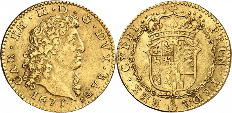 ITALIE
Savoie, Charles Emmanuel II (1638-1675). Doppia 1675, Turin.
Av. Tête à...