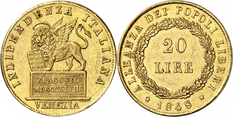 ITALIE
Venise, gouvernement provisoire (1848-1849). 20 lire 1848.
Av. Lion de ...