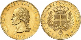 ITALIE
Victor Emmanuel I (1814-1821). 80 lire 1821, Turin.
Av. Tête nue à gauche. Rv. Écu couronné. 
M. 16, Fr. 1130. 25,74 grs.
Ex. NGC AU 58. Ty...