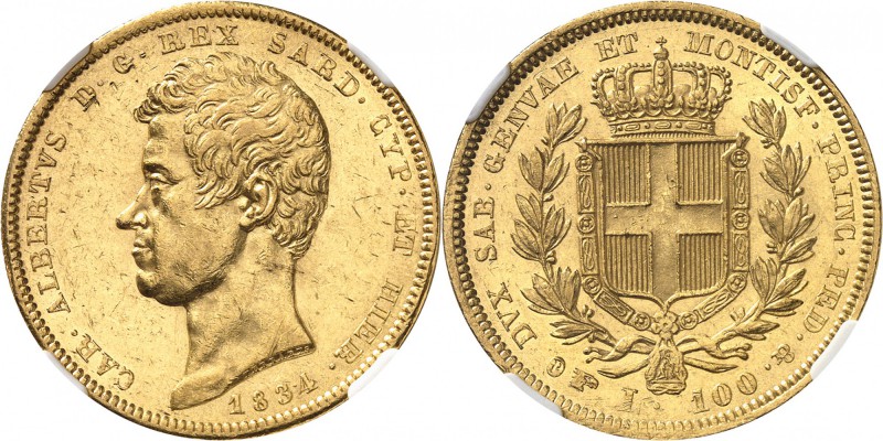 ITALIE
Charles Albert (1831-1849). 100 lire 1834, Turin.
Av. Tête nue à gauche...