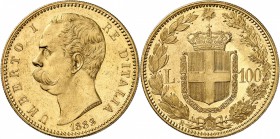 ITALIE
Umberto Ier (1878-1900). 100 lire 1883 R, Rome.
Av. Tête nue à gauche. Rv. Écu couronné.
Fr. 18, Mont. 3. 32,25 grs.
Superbe