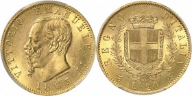ITALIE
Victor Emmanuel II (1861-1878). 20 lire les 1863, Turin.
Av. Tête nue à gauche. Rv. Écu couronné.
Mont.133, Fr. 11.
PCGS MS 66. Monnaie par...