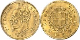 ITALIE
Victor Emmanuel II (1861-1878). 5 lire or 1863, Turin.
Av. Tête nue à gauche. Rv. Écu couronné.
Mont. 159, Fr. 16. 1,60 grs.
PCGS MS 63+. R...