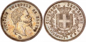 ITALIE
Victor Emmanuel II (1859-1861). 50 centesimi 1860, Florence.
Av. Tête nue à droite. Rv. Écu couronné.
Mont. 121.
GENI MS 63. Superbe