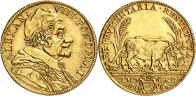 ITALIE
Vatican, Alexandre VIII (1689-1691). Quadruple 1690, Rome.
Av. Buste habillé à droite. Rv. Deux bœufs à droite.
Friedberg 166, Munt 3. 13,35...