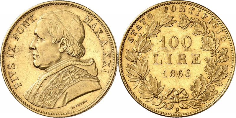 ITALIE
Vatican, Pie IX (1846-1878). 100 lire 1866 R, An XXI, Rome.
Av. Buste h...