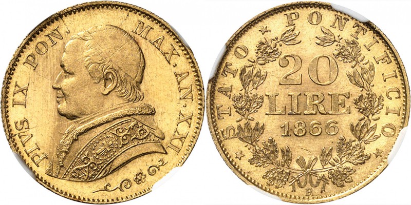 ITALIE
Vatican, Pie IX (1846-1878). 20 lire 1866 An XXI, Rome.
Av. Buste habil...