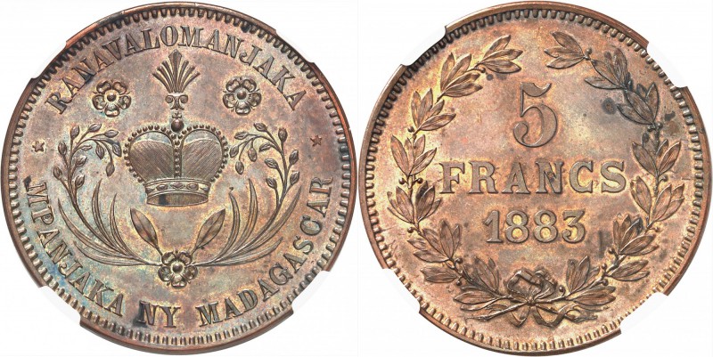 MADAGASCAR
Ranavalona III (1883-1897). 5 francs 1883, essai en bronze.
Av. Cou...