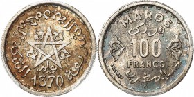 MAROC
Mohammed V (1346-1380 H / 1927-1961). 100 francs 1370 H (1951), Paris.
Av. Étoile à cinq branches au-dessus de la date. Rv. Valeur au centre. ...