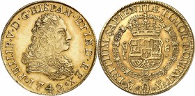 MEXIQUE
Philippe V (1700-1746). 8 escudos 1742, Mexico.
Av. Buste cuirassé à droite. Rv. Écu couronné.
Fr. 8. 26,97 grs.
Superbe